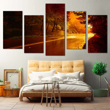 Load image into Gallery viewer, journey through the woods canvas wall art yellow scenery path 5 piece canvas print for Bedroom
