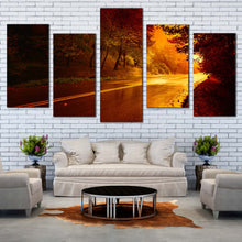 Load image into Gallery viewer, journey through the woods canvas wall art yellow scenery path 5 piece canvas print In Living Room
