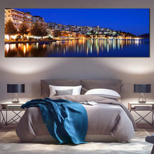 Load image into Gallery viewer, kastoria  city  canvas  printgreece  blue  sky  cityscape  1  piece  canvas  wall  art  yellow  houses      sea  reflection  for  bedroom
