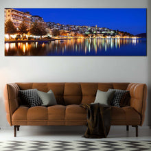 Load image into Gallery viewer, kastoria  city  canvas  printgreece  blue  sky  cityscape  1  piece  canvas  wall  art  yellow  houses      sea  reflection In Living Room
