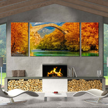 Load image into Gallery viewer, konitsa  bridge  canvas  print  orange  greece  blossom  trees  triptych  canvas  wall  art  for  Living Room
