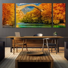 Load image into Gallery viewer, konitsa  bridge  canvas  print  orange  greece  blossom  trees  triptych  canvas  wall  art  for In Dining Room
