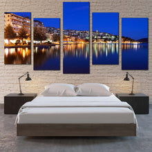 Load image into Gallery viewer, kostoria s waterside charm 5 piece canvas print of greece cityscape with yellow reflection wall art 
