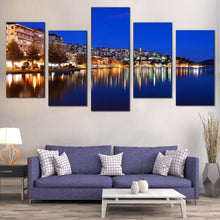 Load image into Gallery viewer, kostoria s waterside charm 5 piece canvas print of greece cityscape with yellow reflection wall art In Living Room
