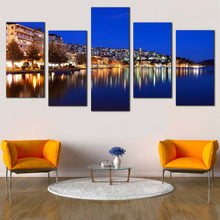 Load image into Gallery viewer, kostoria s waterside charm 5 piece canvas print of greece cityscape with yellow reflection wall art for Living Room
