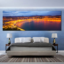 Load image into Gallery viewer, la  concha  bay  canvas  print  night  lights  san  sebastian  city  yellow  sky  beach  panoramic  canvas  wall  art  for  bedroom
