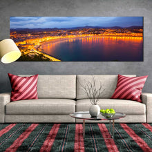 Load image into Gallery viewer, la  concha  bay  canvas  print  night  lights  san  sebastian  city  yellow  sky  beach  panoramic  canvas  wall  art  for Living Room
