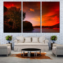 Load image into Gallery viewer, lake mountain canvas wall art green trees mountain river 3 piece canvas print In Living Room
