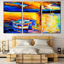 Load image into Gallery viewer, lighthouse reflection canvas print yellow orange ocean 3 piece wall art blue boat ship multi canvas for Bedroom
