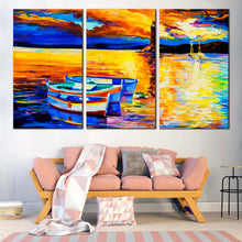 Load image into Gallery viewer, lighthouse reflection canvas print yellow orange ocean 3 piece wall art blue boat ship multi canvas for your Living Room
