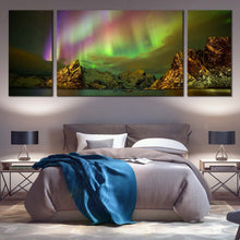 Load image into Gallery viewer, lilandstinden mountain 3 piece canvas print green aurora   northern purple lights wall art for Bedroom
