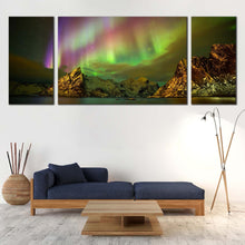 Load image into Gallery viewer, lilandstinden mountain 3 piece canvas print green aurora   northern purple lights wall art In Living Room
