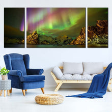 Load image into Gallery viewer, lilandstinden mountain 3 piece canvas print green aurora   northern purple lights wall art for Living Room
