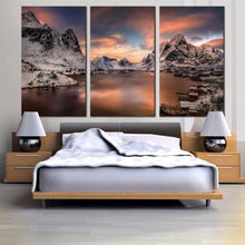 Load image into Gallery viewer, lofoten beauty canvas print reinevagen mountains 3 piece multi canvas snowy grey city mountains triptych wall art for Bedroom
