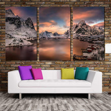 Load image into Gallery viewer, lofoten beauty canvas print reinevagen mountains 3 piece multi canvas snowy grey city mountains triptych wall art In Living Room
