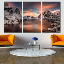 Load image into Gallery viewer, lofoten beauty canvas print reinevagen mountains 3 piece multi canvas snowy grey city mountains triptych wall art for Living Room
