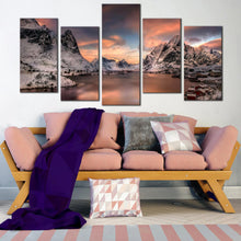 Load image into Gallery viewer, lofoten dreams grey reinevagen cloudy canvas print orange sunset city mountain 5 piece canvas wall art for your Living Room
