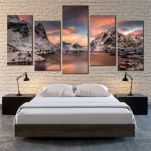 Load image into Gallery viewer, lofoten dreams grey reinevagen mountains cloudy canvas print orange sunset city mountain 5 piece canvas wall art for Bedroom
