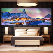 Load image into Gallery viewer, lofoten  island  canvas  print  blue  mountains      northern  yellow  lights  1  piece  aurora  borealis  wall  art  for  bedroom
