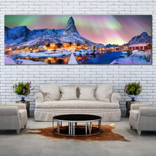 Load image into Gallery viewer, lofoten  island  canvas  print  blue  mountains      northern  yellow  lights  1  piece  aurora  borealis  wall  art  for Living Room
