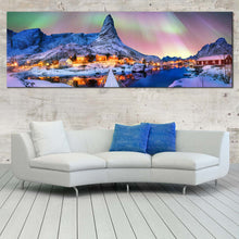 Load image into Gallery viewer, lofoten  island  canvas  print  blue  mountains      northern  yellow  lights  1  piece  aurora  borealis  wall  art In Living Room
