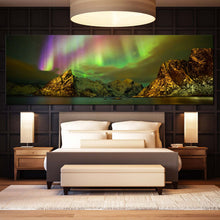 Load image into Gallery viewer, lofoten  islands  panoramic  wall  artgreen  aurora      lilandstinden  mountain  canvas  print  for  bedroom
