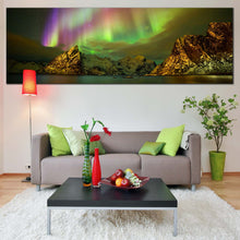 Load image into Gallery viewer, lofoten  islands  panoramic  wall  artgreen  aurora      lilandstinden  mountain  canvas  print  for Living Room
