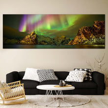 Load image into Gallery viewer, lofoten  islands  panoramic  wall  artgreen  aurora      lilandstinden  mountain  canvas  print In Living Room
