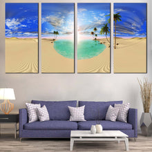 Load image into Gallery viewer, majestic desert landscape canvas wall art green oasis and dramatic clouds 4 piece canvas print In Living room
