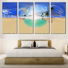 Load image into Gallery viewer, majestic desert landscape canvas wall art green oasis and dramatic clouds 4 piece canvas print In Bedroom
