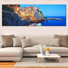 Load image into Gallery viewer, manarola  evening  canvas  print  stunning  yellow  cinque  terre  panorama  canvas  wall  art In Living Room
