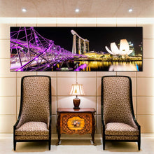 Load image into Gallery viewer, marina  bay  sands  wall  art  resort  reflection  canvas  print  singapore  purple  bridge  at  night  panoramic  canvas In Living Room
