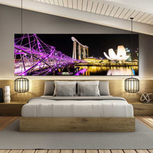 Load image into Gallery viewer, marina  bay  sands  wall  art  resort  reflection  canvas  print  singapore  purple  bridge  at  night  panoramic  canvas  for bedroom
