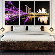 Load image into Gallery viewer, marina bay singapore casino hotel canvas print resort reflection purple helix city bridge 3 piece wall art for Bedroom
