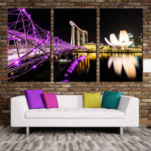 Load image into Gallery viewer, marina bay singapore casino hotel canvas print resort reflection purple helix city bridge 3 piece wall art for Living Room
