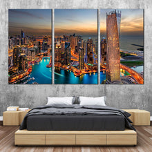 Load image into Gallery viewer, marina city dreams canvas cloudy yellow sunset sky multi canvas orange dubai city skyline 3 piece wall art for Bedroom
