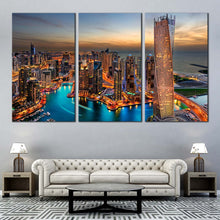 Load image into Gallery viewer, marina city dreams canvas cloudy yellow sunset sky multi canvas orange dubai city skyline 3 piece wall art In Living Room
