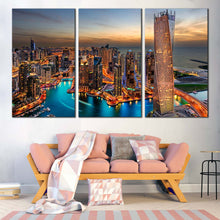 Load image into Gallery viewer, marina city dreams canvas cloudy yellow sunset sky multi canvas orange dubai city skyline 3 piece wall art for your Living Room
