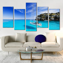 Load image into Gallery viewer, menorca island sailing boat canvas print spain yellow blue sky 5 piece canvas wall art In Living Room
