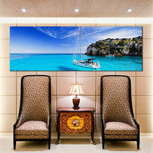 Load image into Gallery viewer, menorca  island  sailing  boat  canvas  wall  art  panoramic  spain  clear  blue  sky  canvas  print In Living Room
