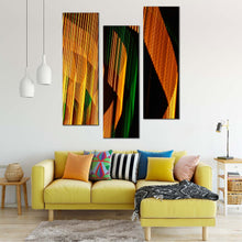 Load image into Gallery viewer, modern  abstract  canvas  print  yellow  green  light  streaks  canvas  set  black  abstract  pattern  3  piece  wall  art In Living Room
