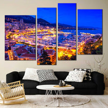 Load image into Gallery viewer, monaco mediterranean canvas wall art blue monte carlo and harbor view 4 piece canvas print 
