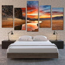 Load image into Gallery viewer, mongolian landscape canvas wall art dramatic orange sky sunset and brown gobi desert 5 piece canvas print for Bedroom
