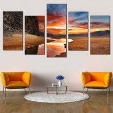 Load image into Gallery viewer, mongolian landscape canvas wall art dramatic orange sky sunset and brown gobi desert 5 piece canvas print for Living Room
