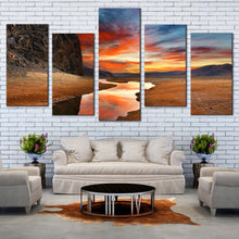 Load image into Gallery viewer, mongolian landscape canvas wall art dramatic orange sky sunset and brown gobi desert 5 piece canvas print In Living Room
