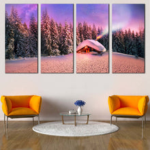 Load image into Gallery viewer, moonlit forest dreams wall art blue starry sky canvas in 4 panels with snow capped mountains multi canvas for Your Living room
