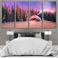 Load image into Gallery viewer, moonlit forest dreams wall art blue starry sky canvas in 4 panels with snow capped mountains multi canvas for your Bedroom
