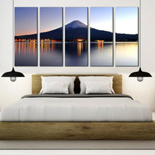 Load image into Gallery viewer, mount fuji majesty blue mountain night reflection 5 piece wall art japanese mountains orange lake canvas print for Bedroom
