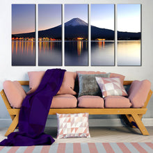 Load image into Gallery viewer, mount fuji majesty blue night reflection 5 piece wall art japanese mountains orange lake canvas print In Living room
