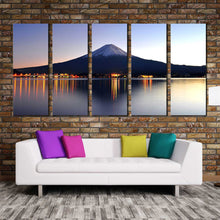 Load image into Gallery viewer, mount fuji majesty blue night reflection 5 piece wall art japanese mountains orange lake canvas print for your Living Room
